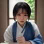 踩蘑菇社区内容主编木子的工作照，一位戴眼镜的年轻女性坐在电脑前认真审阅内容，背景是绿植和书架